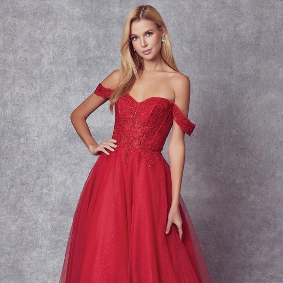NEW FLOOR LENGTH OFF SHOULDER A-LINE DRESS EMBROIDERED WITH RHINESTONES JT 280